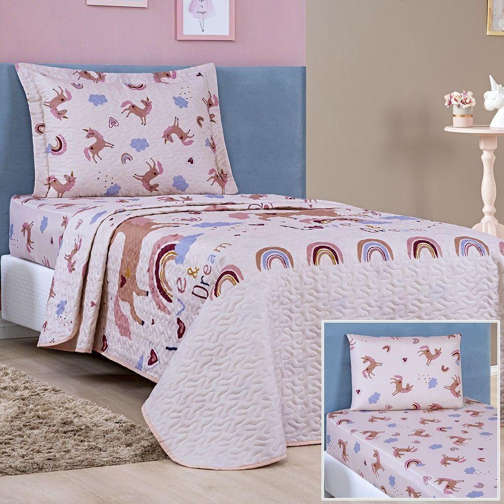 Enxoval Kit Colcha + Jogo De Cama Lençol Bouti Solteiro Infantil Kids 4 Peças 100% Poliéster - Unicórnio - 1