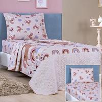 Enxoval Kit Colcha + Jogo De Cama Lençol Bouti Solteiro Infantil Kids 4 Peças 100% Poliéster - Unicórnio - 1