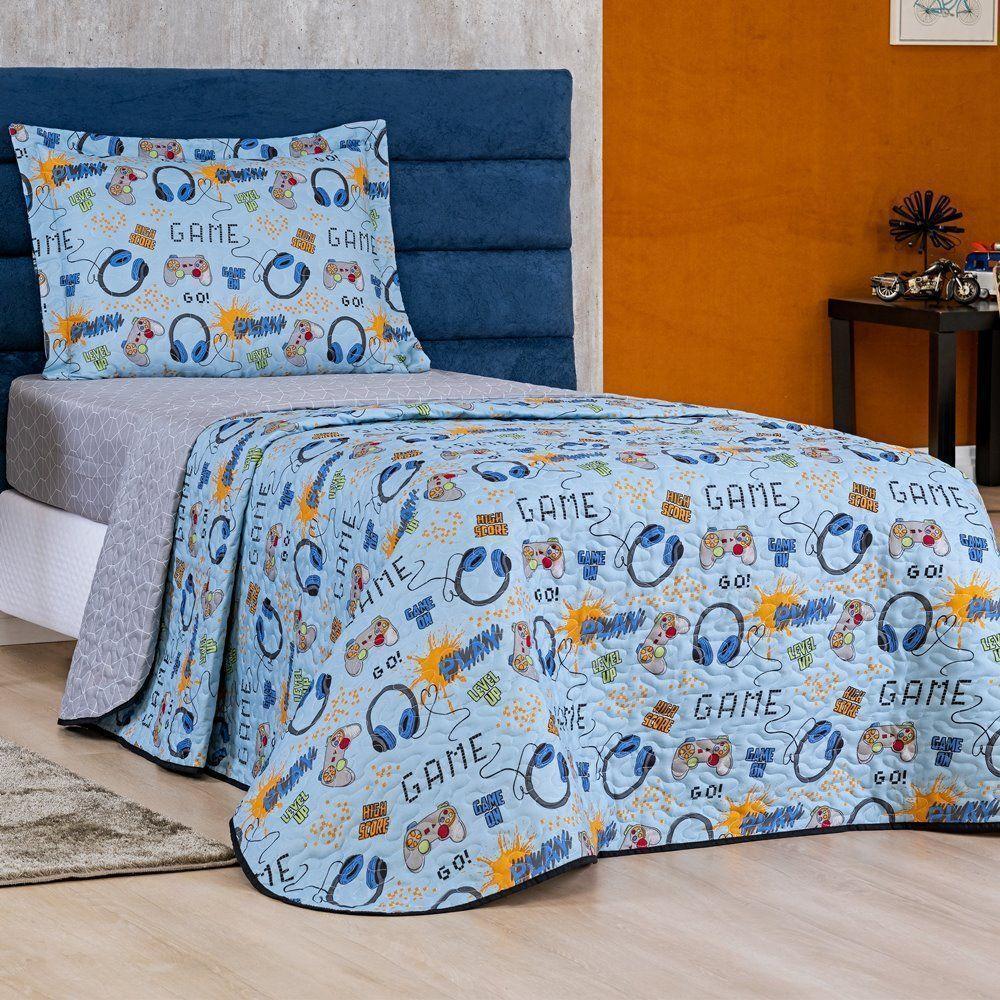 Enxoval Kit Colcha + Jogo De Cama Lençol Bouti Solteiro Infantil Kids 4 Peças 100% Poliéster - Game - 4