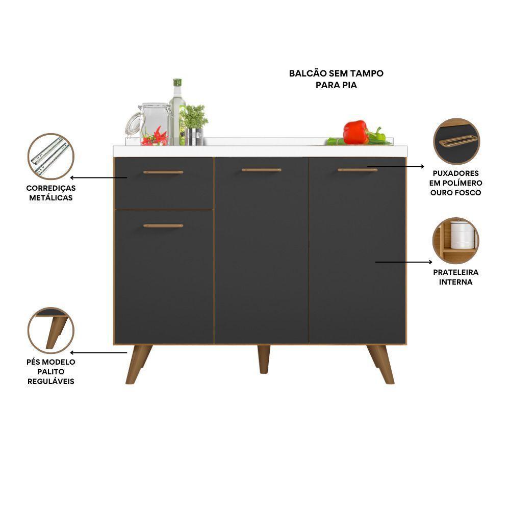 Balcão Para Pia 3 Portas 1 Gaveta (sem Tampo) 105cm Olinda Freijo Uv Grafite Acetinado - Ssx Multicoisas - 3