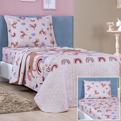 Enxoval Kit Colcha + Jogo De Cama Lençol Bouti Solteiro Infantil Kids 4 Peças 100% Poliéster - Unicórnio