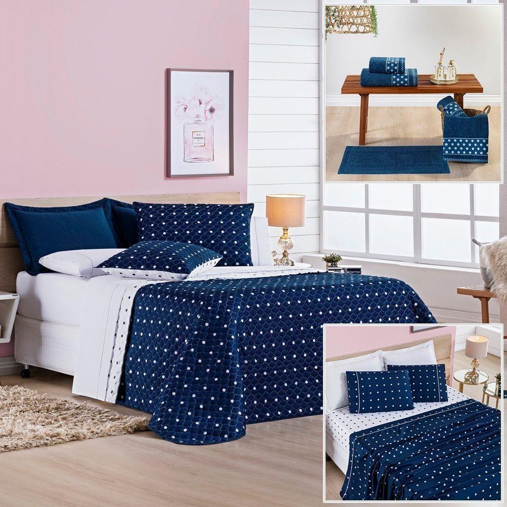 Cobre Leito + Jogo De Cama Solteiro + Jogo De Banho Petit Poá 10 Peças 100% Poliéster - Marinho - 1