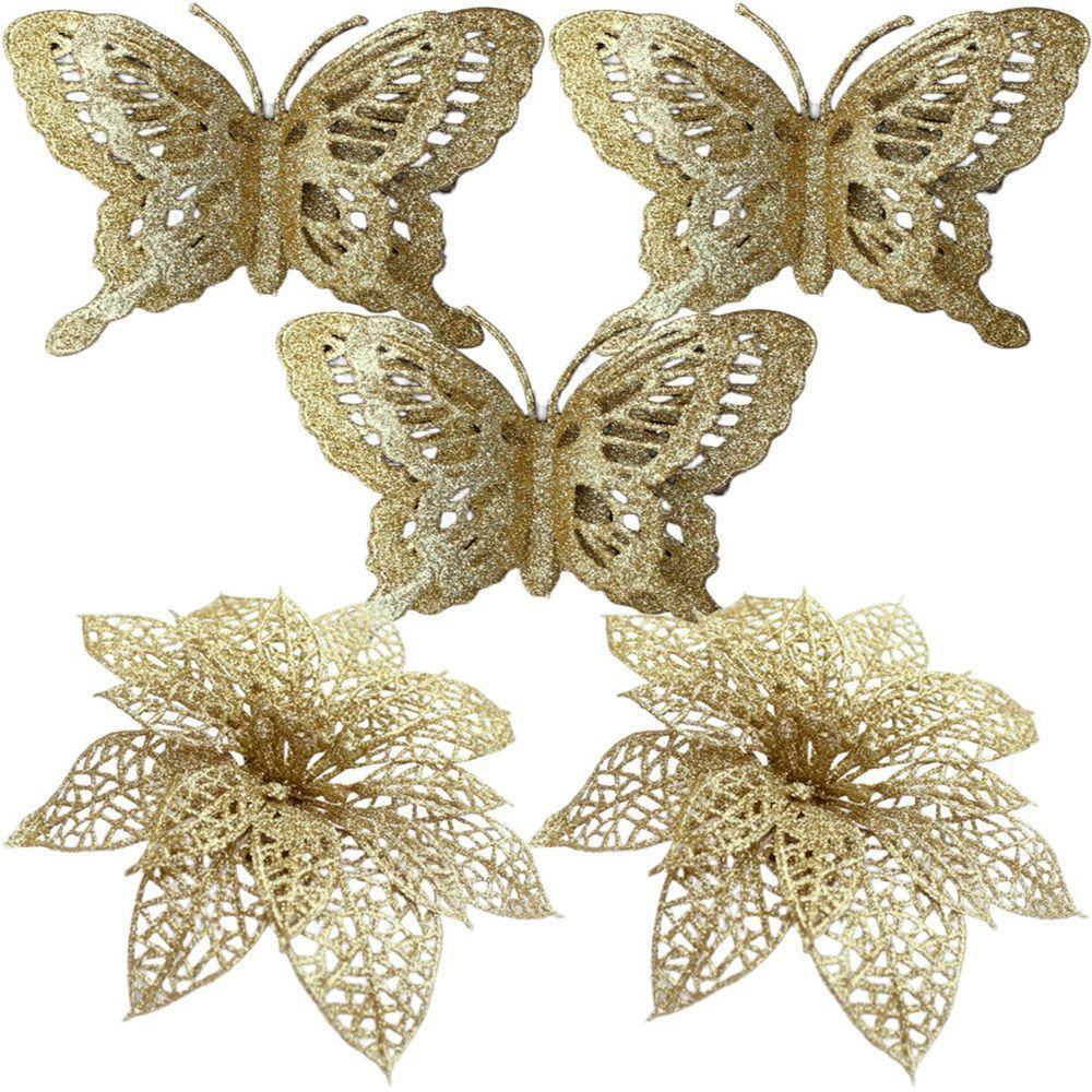 Pendentes Flores Borboletas Dourado Enfeite Natal Kit 10pçs - 1