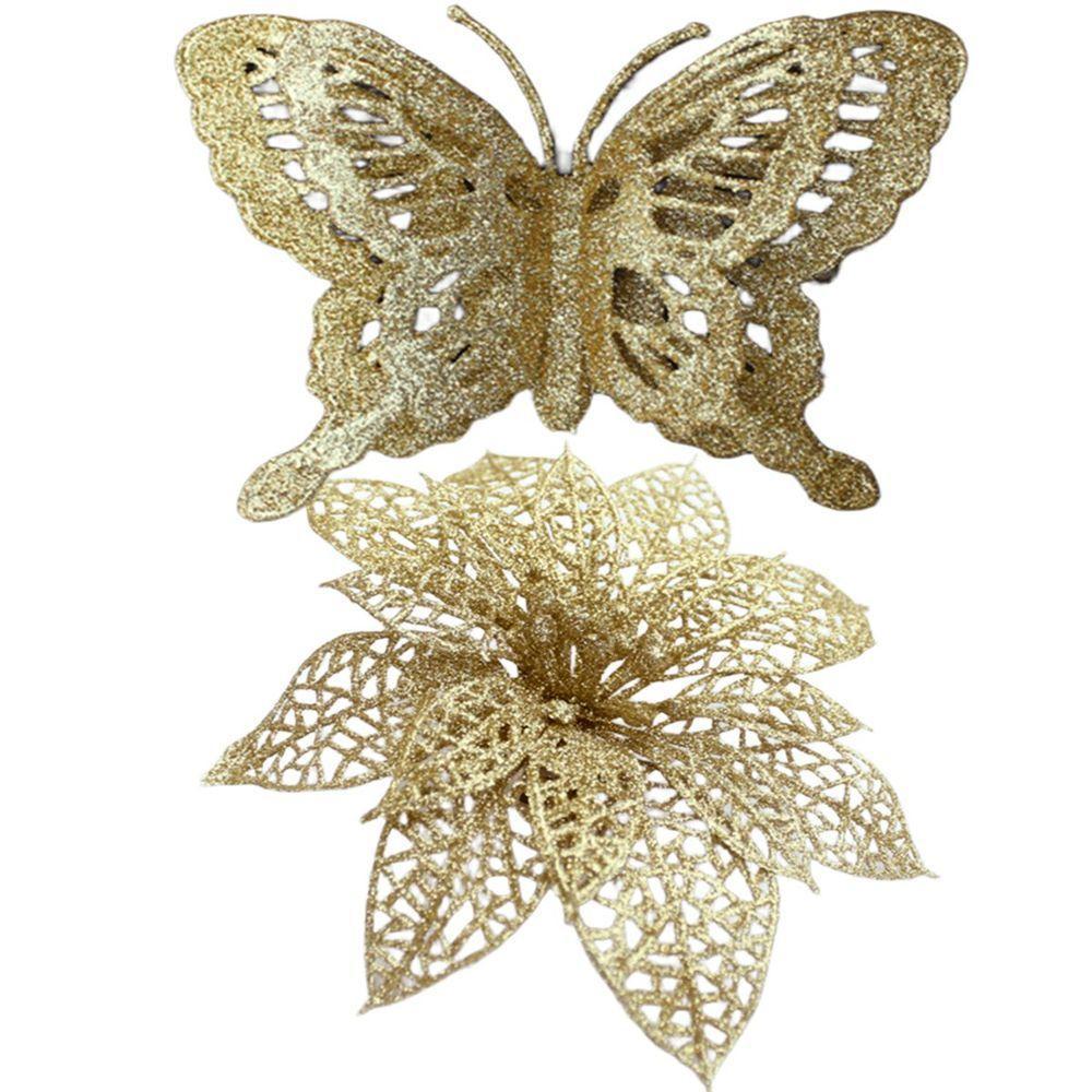 Pendentes Flores Borboletas Dourado Enfeite Natal Kit 10pçs - 2