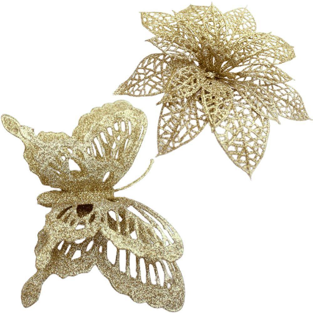Pendentes Flores Borboletas Dourado Enfeite Natal Kit 10pçs - 3