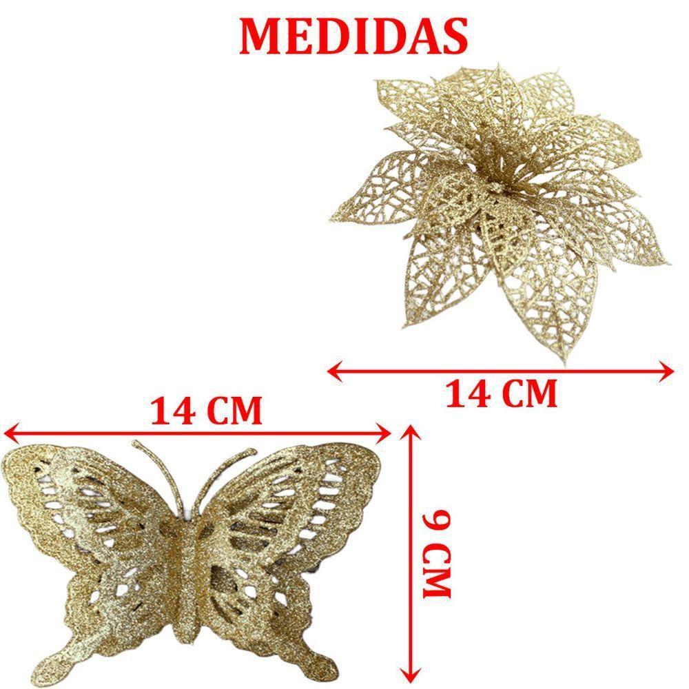 Pendentes Flores Borboletas Dourado Enfeite Natal Kit 10pçs - 5