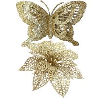 Pendentes Flores Borboletas Dourado Enfeite Natal Kit 10pçs - 2