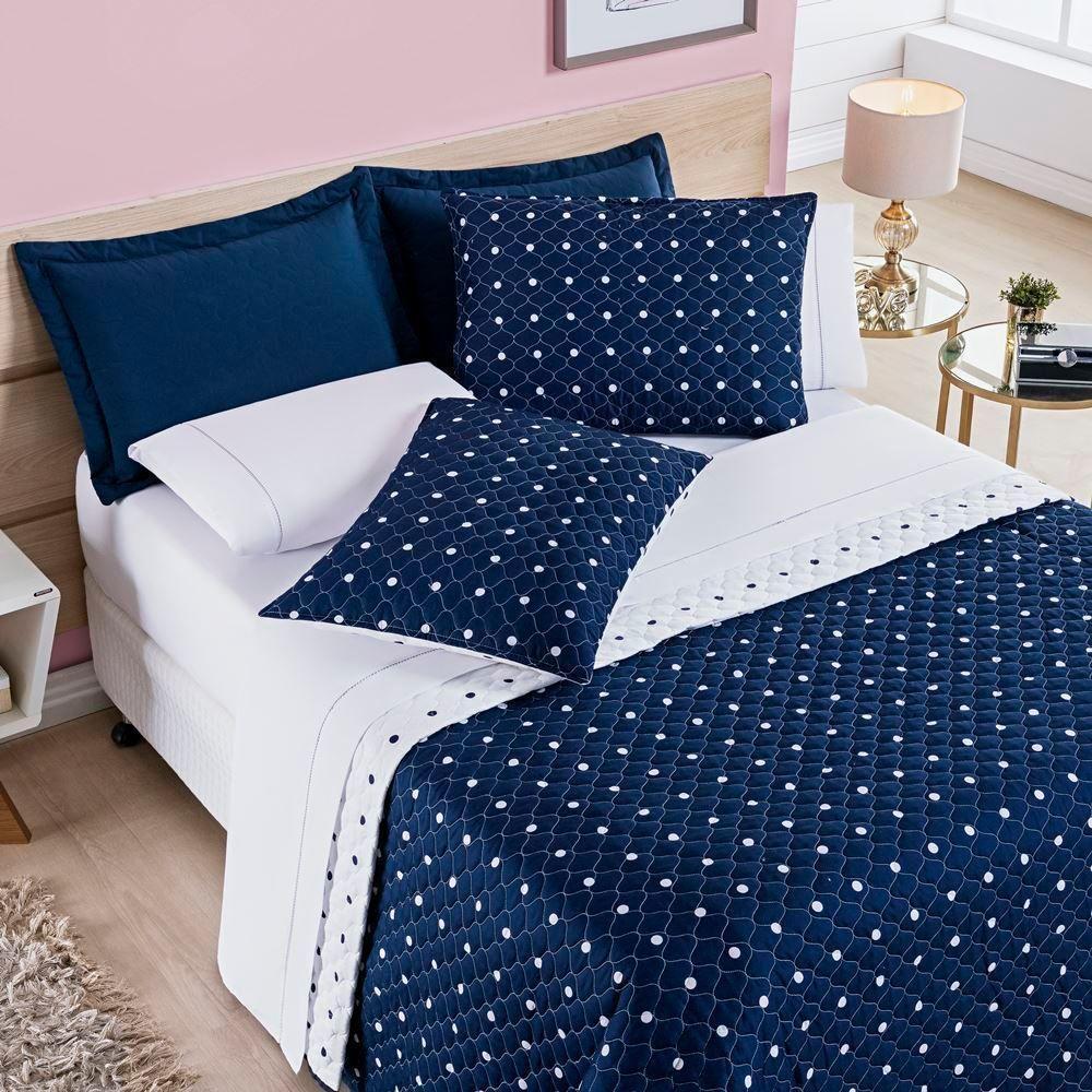 Cobre Leito + Jogo De Cama 200 Fios Petit Poá Solteiro 04 Peças 100% Poliéster - Marinho - 5