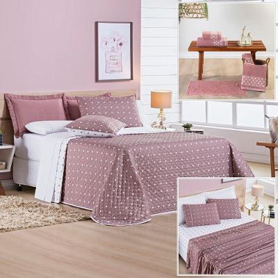 Cobre Leito + Jogo De Cama Casal Padrão + Jogo De Banho Petit Poá 12 Peças 100% Poliéster - Rose