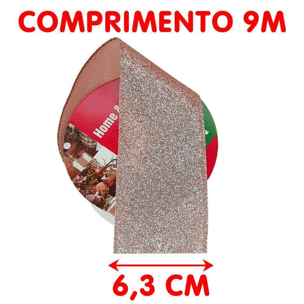 Rolo Fita Aramada Rose Gold Enfeite Natal 6,3cm 9m Kit 12pçs - 5