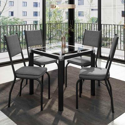Conjunto Mesa De Jantar Com 4 Cadeiras 258 Malva Tampo Vidro Incolor 75cm Sf Preto Assento Platina - Combo Stock