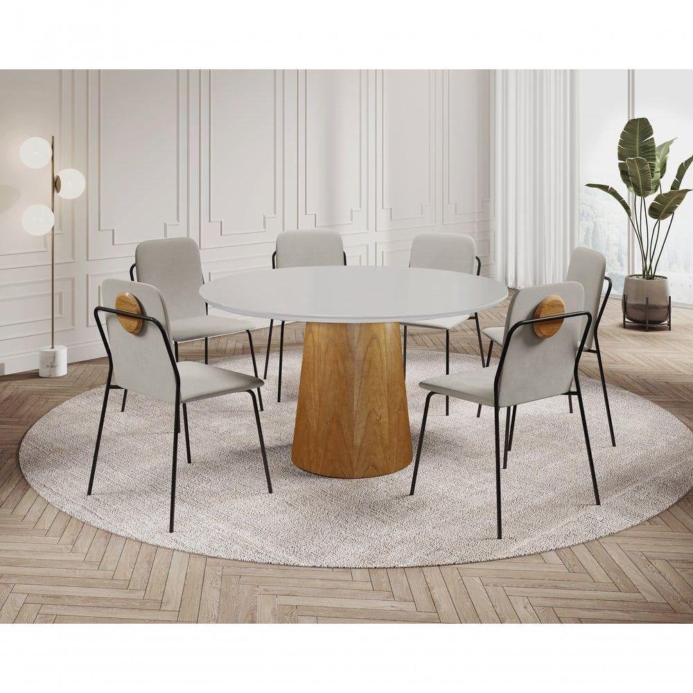 Conjunto De Jantar Florença Com 6 Cadeiras Com Detalhe Em Madeira Base Paris Bm Tubulares Off White/tecido 502 - 6