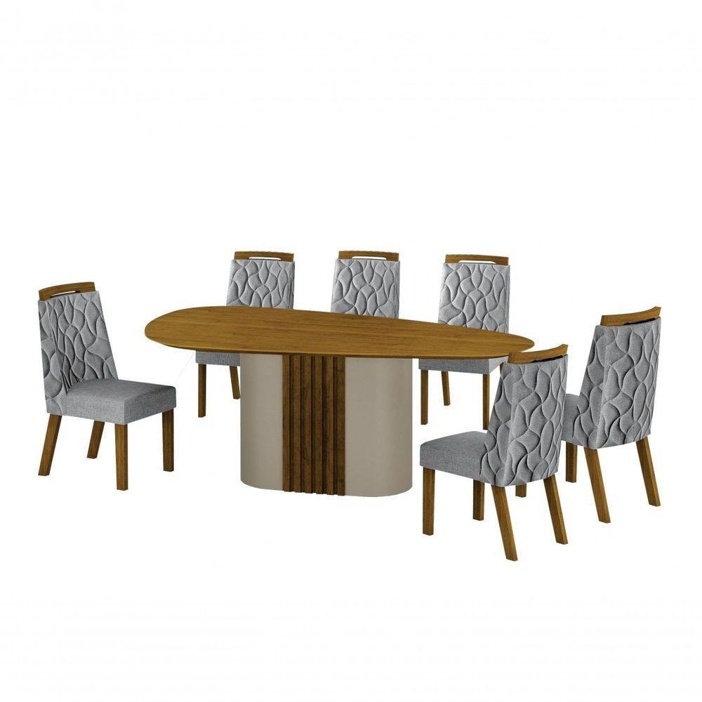 Conjunto Sala De Jantar Mesa Orgânica Sem Vidro 200cm Com 6 Cadeiras Pé Mdf Dacota Off White Freijó/freijó/linho Cinza - 1