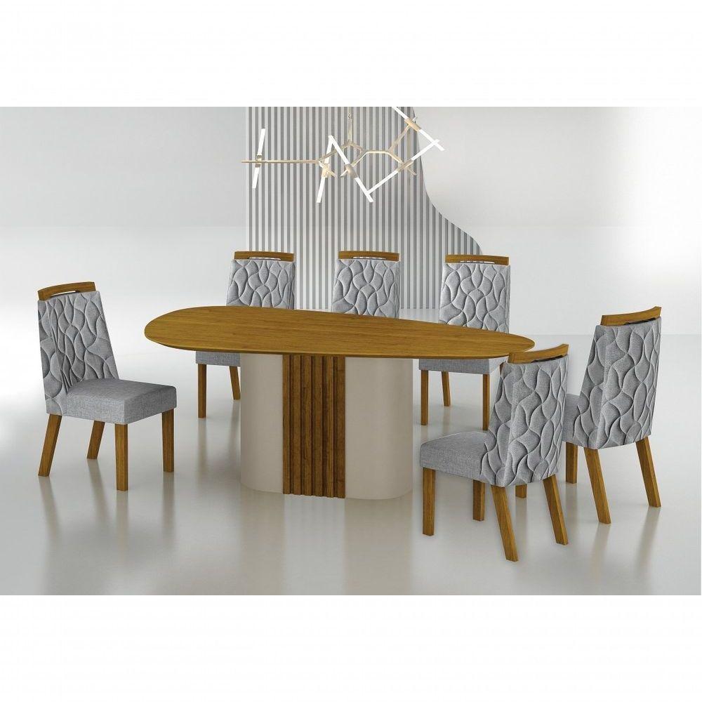 Conjunto Sala De Jantar Mesa Orgânica Sem Vidro 200cm Com 6 Cadeiras Pé Mdf Dacota Off White Freijó/freijó/linho Cinza - 7