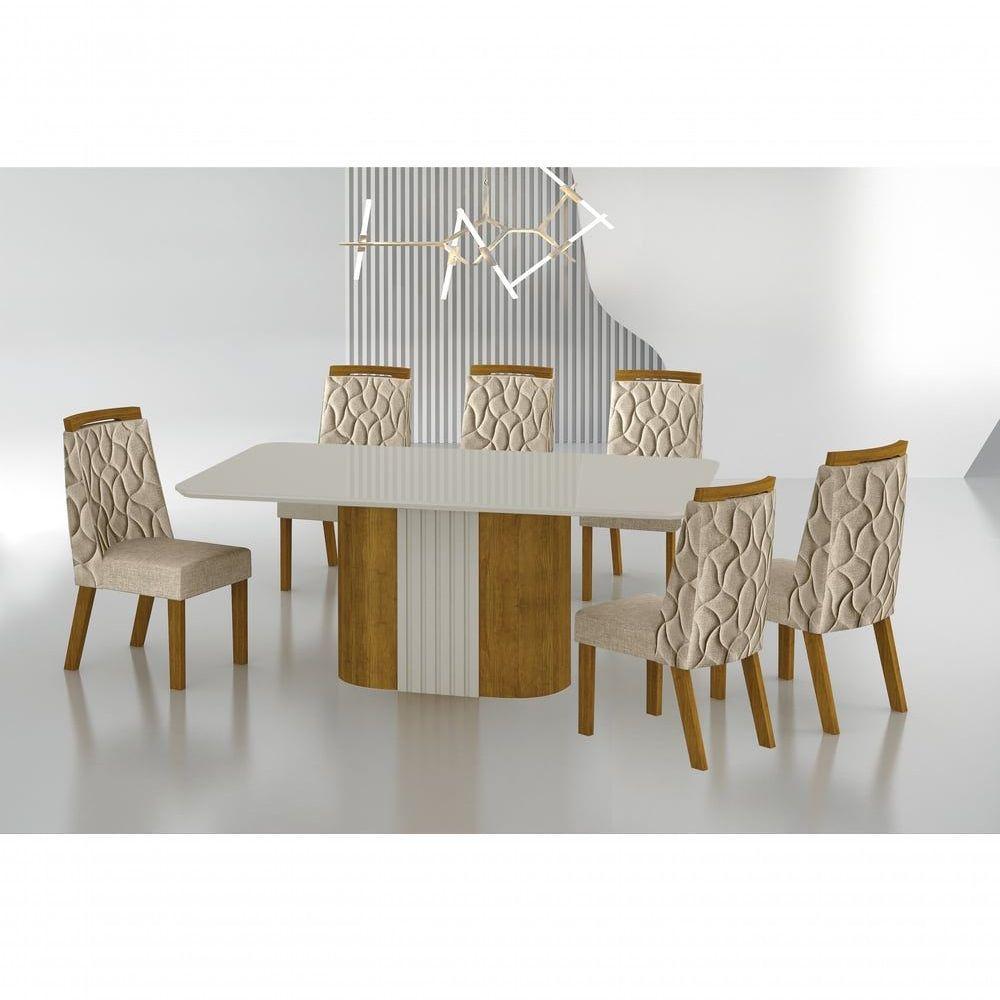 Conjunto Sala De Jantar Mesa Com Vidro 180cm Com 6 Cadeiras Pé Mdf Dacota Freijó Off White/off White/linho Palha - 1
