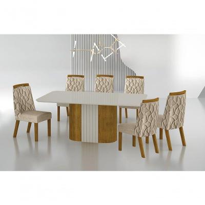Conjunto Sala De Jantar Mesa Com Vidro 180cm Com 6 Cadeiras Pé Mdf Dacota Freijó Off White/off White/linho Palha