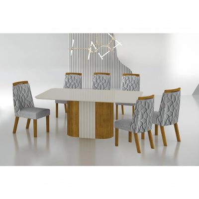 Conjunto Sala De Jantar Mesa Com Vidro 180cm Com 6 Cadeiras Pé Madeira Dacota Freijó Off White/off White/linho Cinza