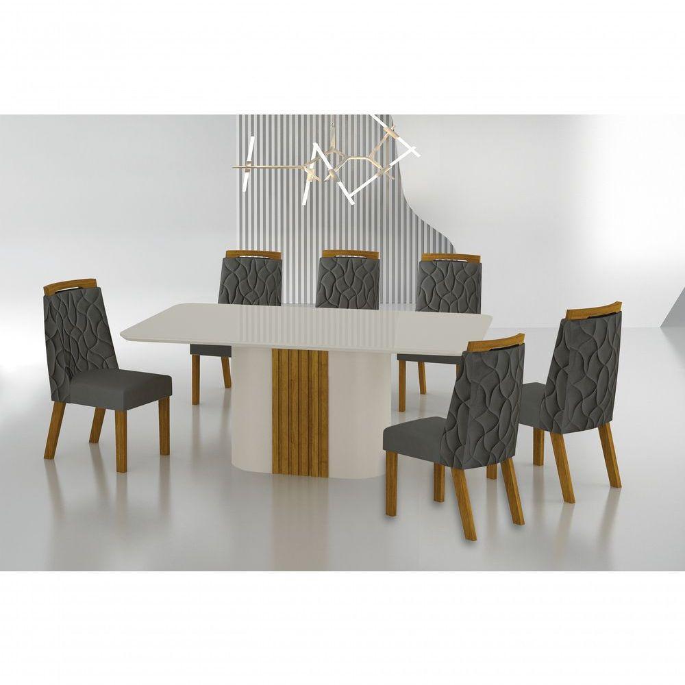 Conjunto Sala De Jantar Mesa Com Vidro 180cm Com 6 Cadeiras Pé Mdf Dacota Off White Freijó/off White/joli Chumbo - 1