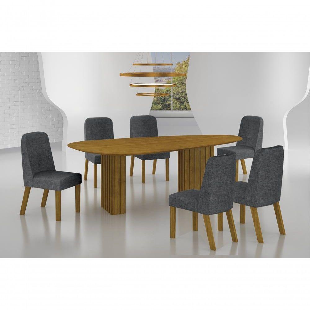 Conjunto Sala De Jantar Mesa Orgânica Sem Vidro 200cm Com 6 Cadeiras Pé Madeira Isis Freijó/linho Chumbo - 6