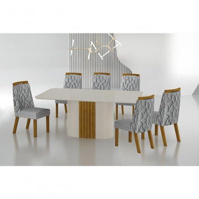Conjunto Sala De Jantar Mesa Com Vidro 180cm Com 6 Cadeiras Pé Mdf Dacota Off White Freijó/off White/linho Cinza