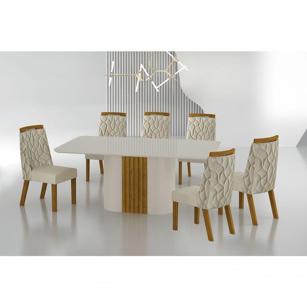 Conjunto Sala De Jantar Mesa Com Vidro 180cm Com 6 Cadeiras Pé Mdf Dacota Off White Freijó/off White/joli Palha - 1