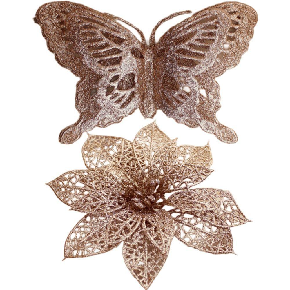 Pendentes Borboleta Flores Rose Gold Enfeite Natal Kit 10pçs - 2