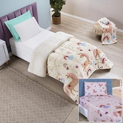 Kit Coberdrom + Jogo De Cama Bouti Kids Solteiro 04 Peças 100% Poliéster - Unicórnio
