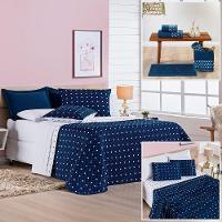 Cobre Leito + Jogo De Cama King + Jogo De Banho Petit Poá 12 Peças 100% Poliéster - Marinho - 1