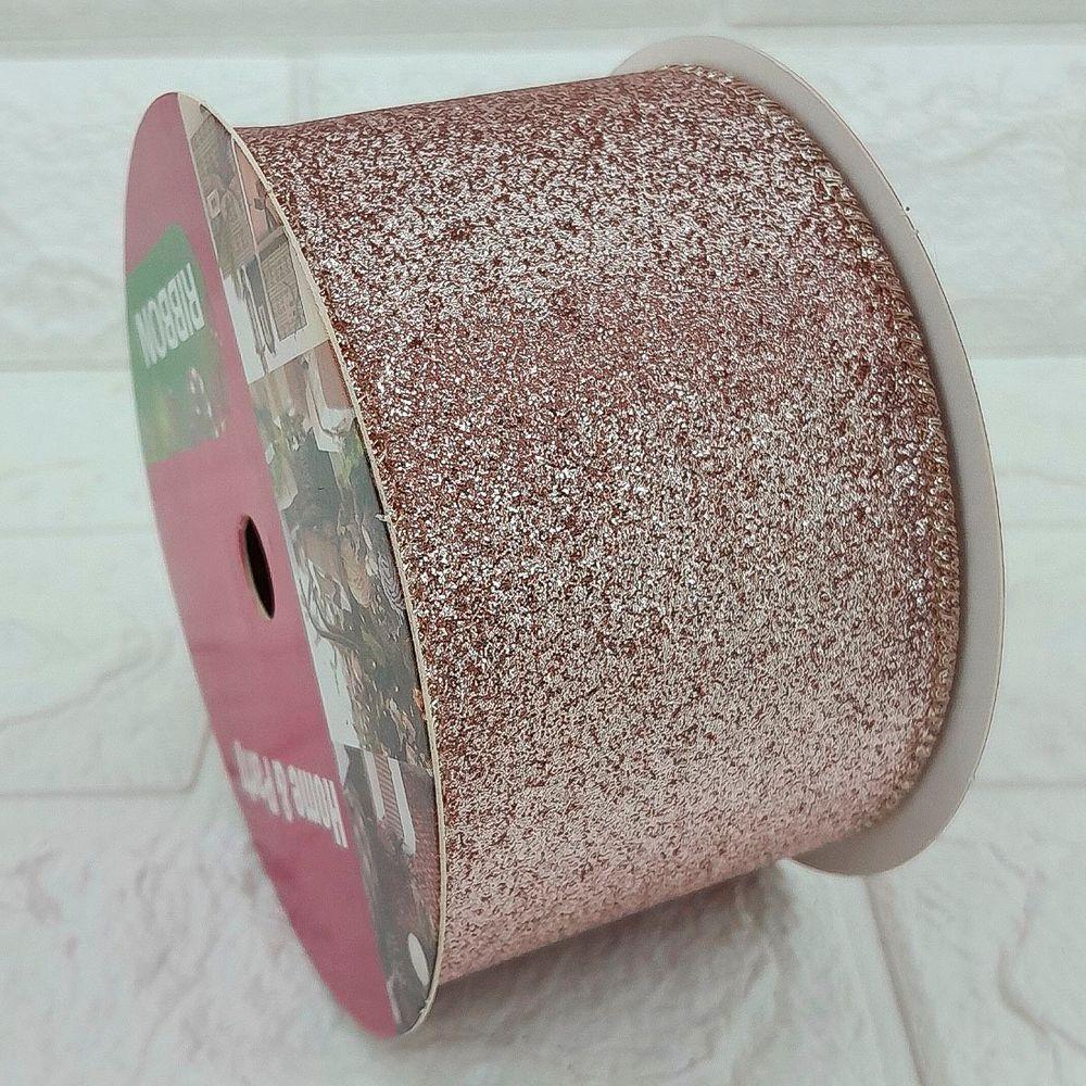 Rolo Fita Aramada Enfeite Natal Rose Gold 6,3cm 9m Kit 2pçs - 4