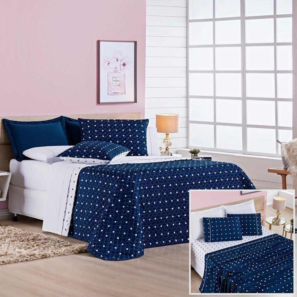 Cobre Leito + Jogo De Cama King + Jogo De Banho Petit Poá 12 Peças 100% Poliéster - Marinho - 2