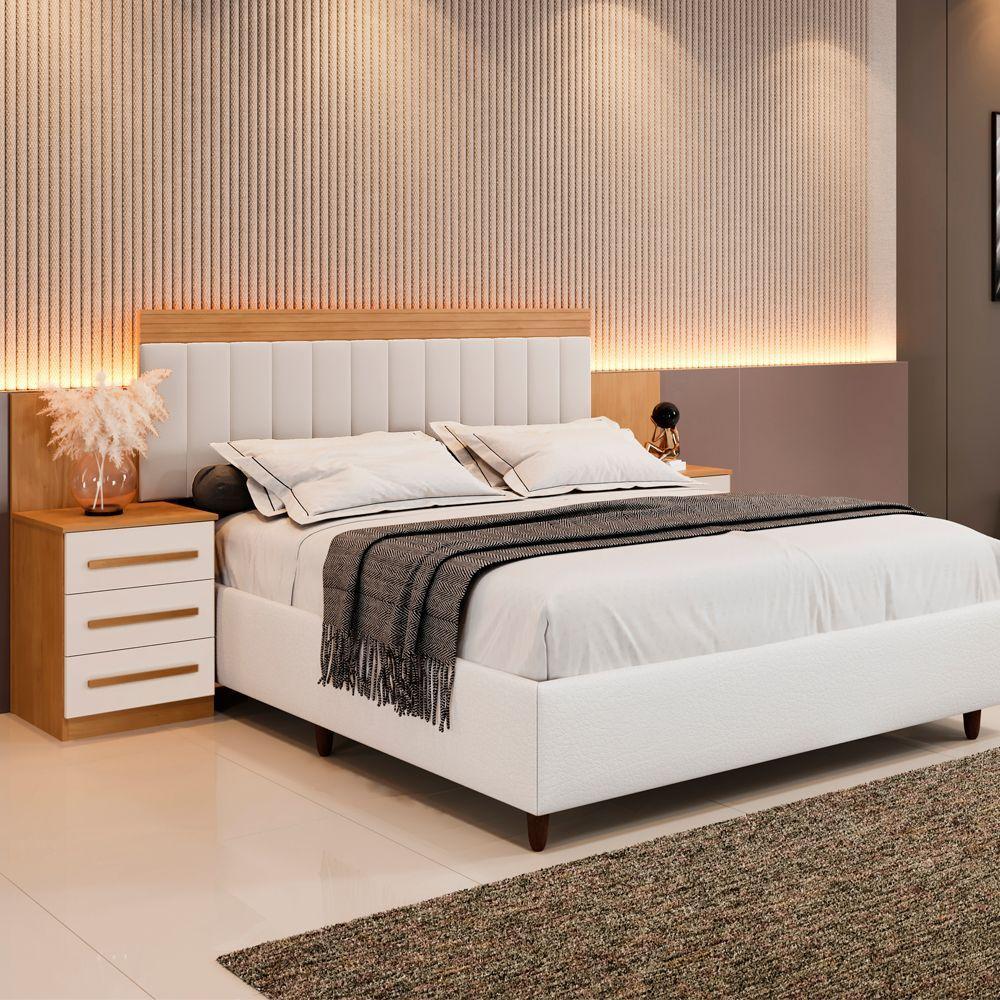 Cabeceira Estofada Império Com 2 Mesas De Cabeceiras E 6 Gavetas Benetil Cinamomo-off White - 3
