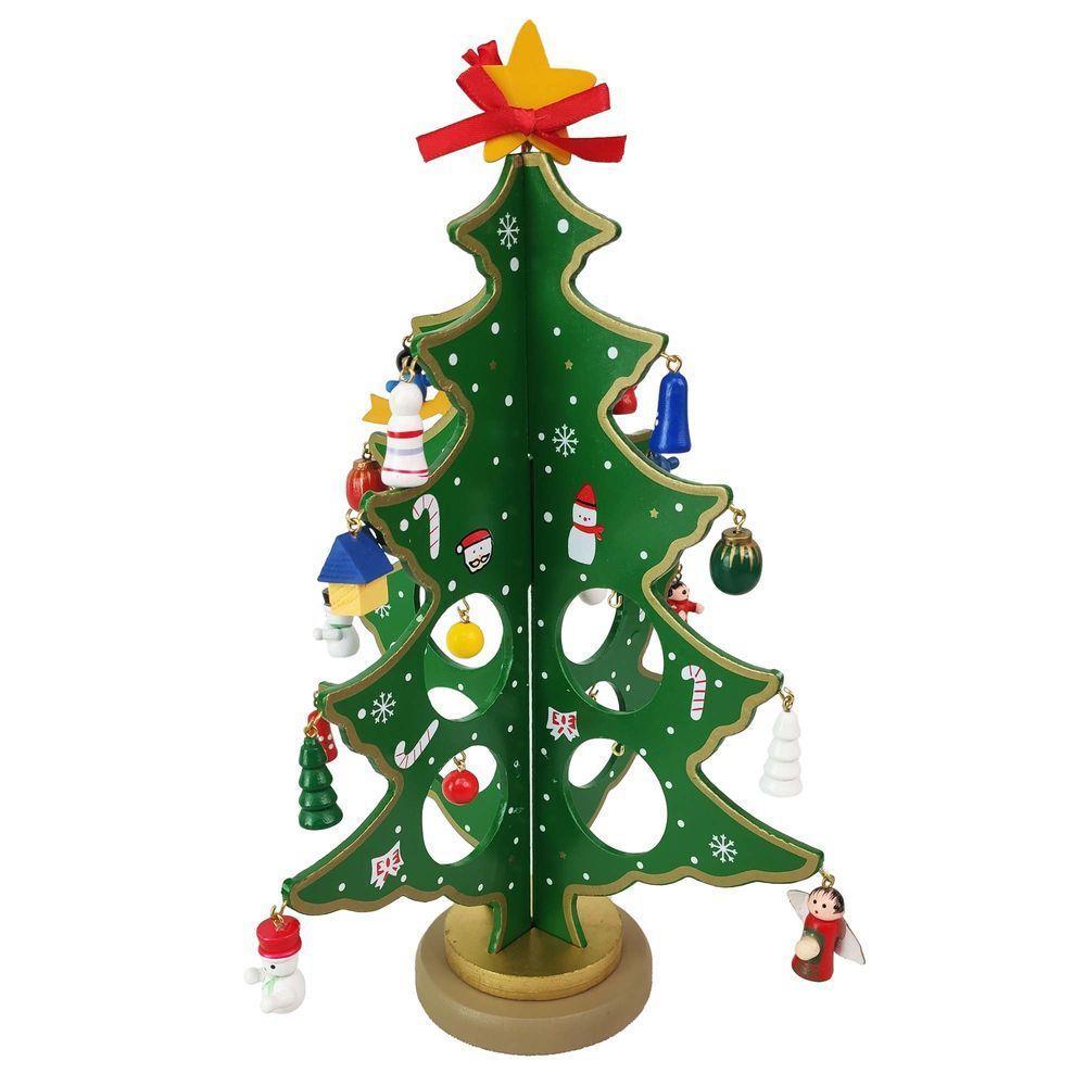 Mini Arvore De Natal 3d Madeira Com Enfeites Natalino Decoração Mesa Sala Casa Papai Noel Boneco De Neve Pinheiro - 1