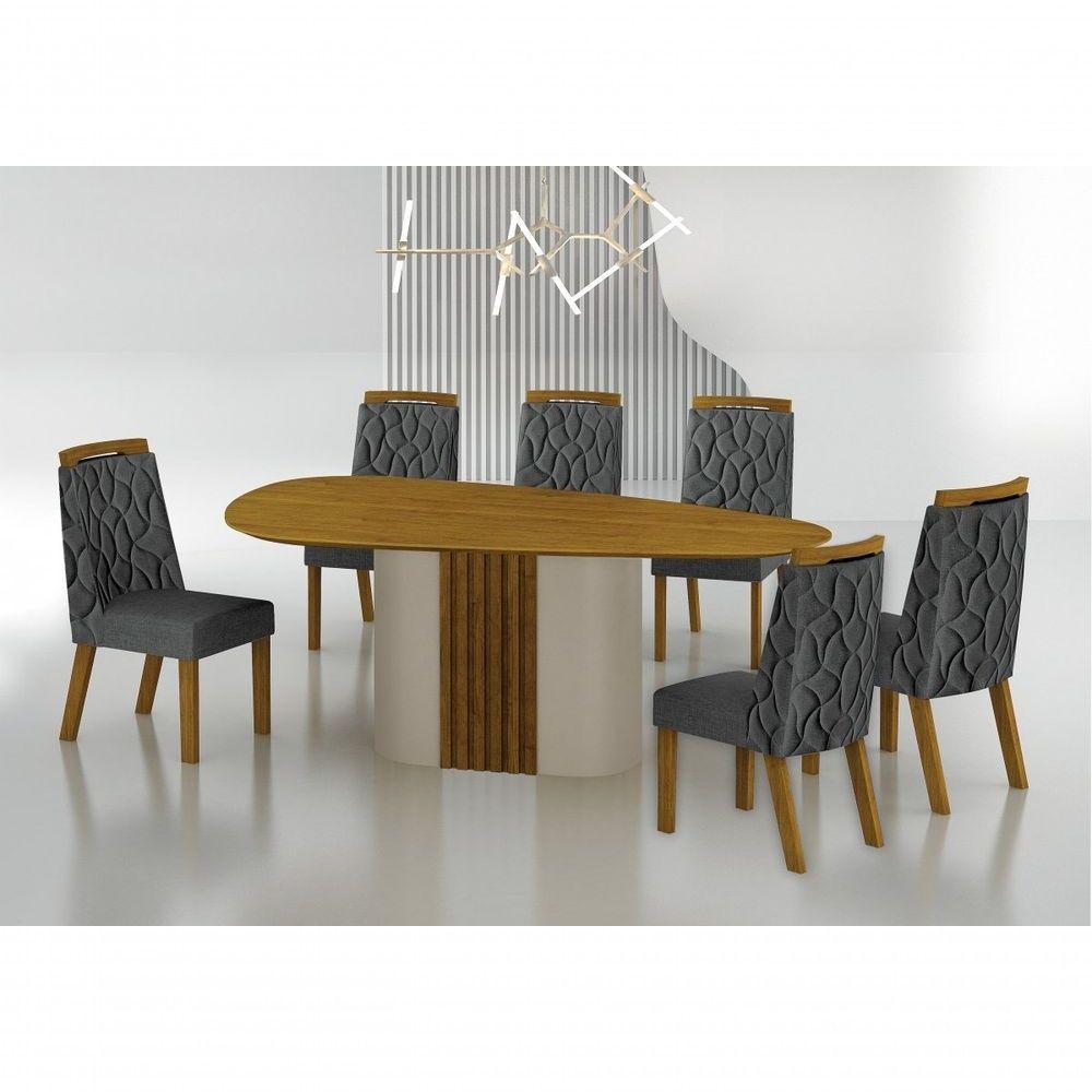 Conjunto Sala De Jantar Mesa Orgânica Sem Vidro 200cm Com 6 Cadeiras Pé Mdf Dacota Off White Freijó/freijó/linho Chumbo - 7