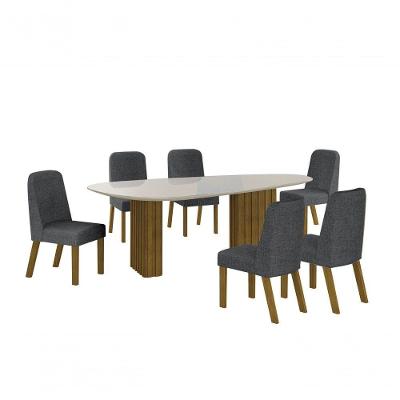 Conjunto Sala De Jantar Mesa Orgânica Com Vidro 200cm Com 6 Cadeiras Pé Madeira Isis Freijó/off White/linho Chumbo