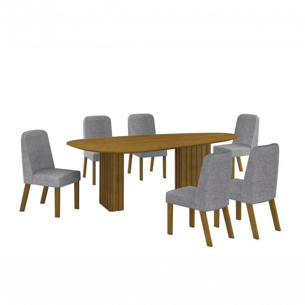 Conjunto Sala De Jantar Mesa Orgânica Sem Vidro 200cm Com 6 Cadeiras Pé Madeira Isis Freijó/linho Cinza - 1