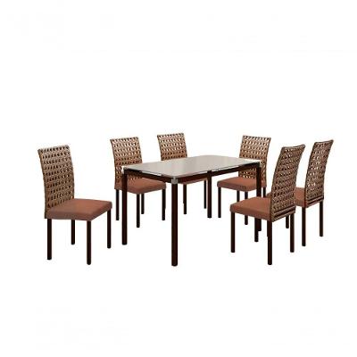 Conjunto De Jantar Lisboa Com 6 Cadeiras E Mesa Retangular Tocantins Bm Tubulares Off White/ratan Chocolate/linho 307