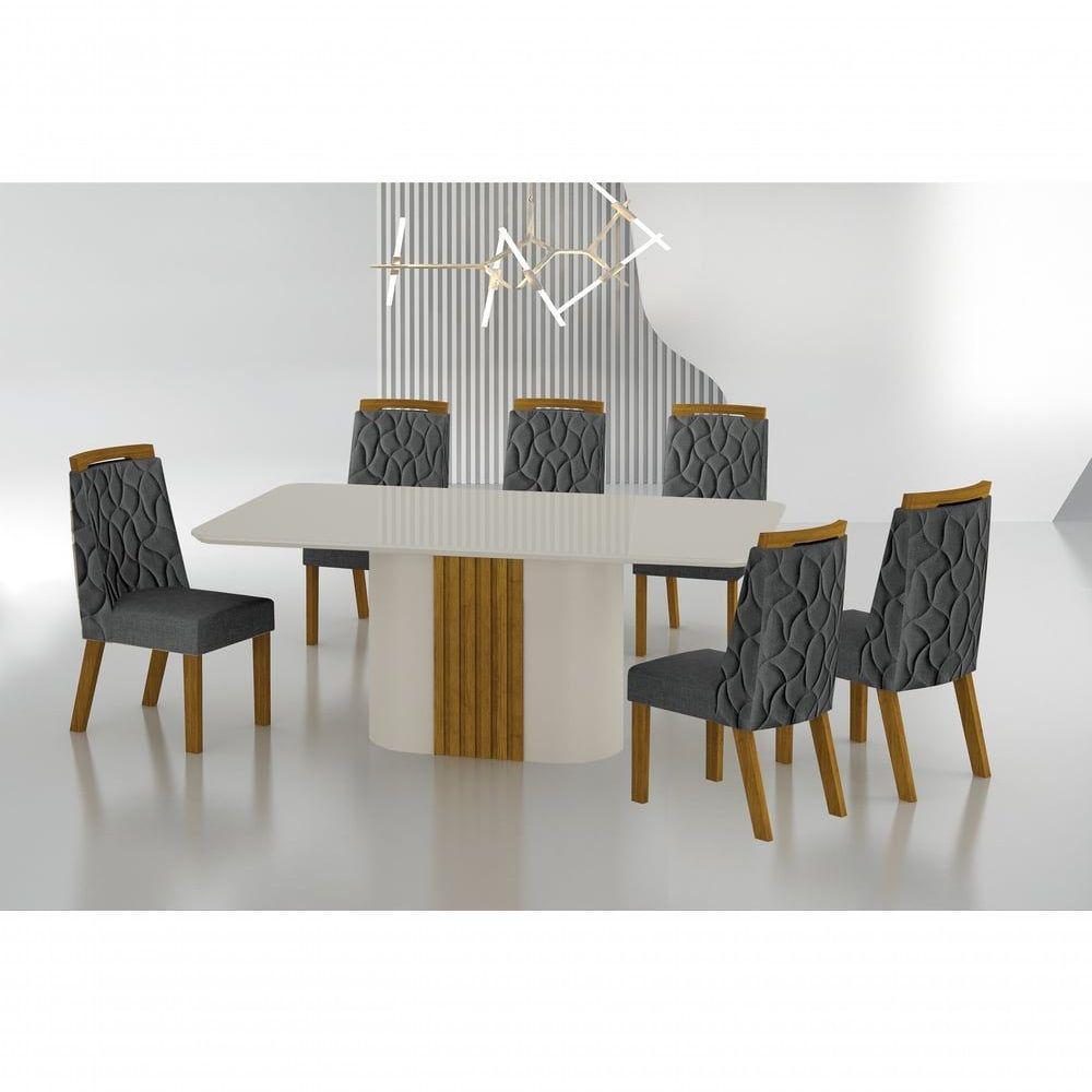 Conjunto Sala De Jantar Mesa Com Vidro 180cm Com 6 Cadeiras Pé Mdf Dacota Off White Freijó/off White/linho Chumbo - 1