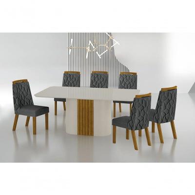 Conjunto Sala De Jantar Mesa Com Vidro 180cm Com 6 Cadeiras Pé Mdf Dacota Off White Freijó/off White/linho Chumbo