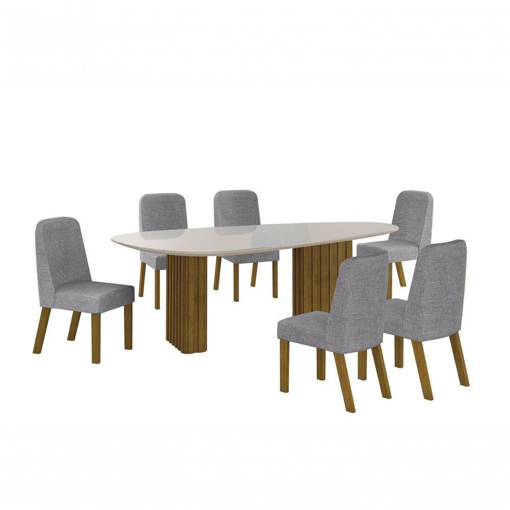 Conjunto Sala De Jantar Mesa Orgânica Com Vidro 180cm Com 6 Cadeiras Pé Madeira Isis Freijó/off White/linho Cinza - 1