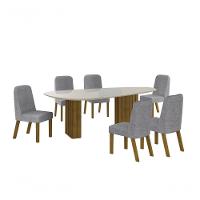 Conjunto Sala De Jantar Mesa Orgânica Com Vidro 180cm Com 6 Cadeiras Pé Madeira Isis Freijó/off White/linho Cinza - 1