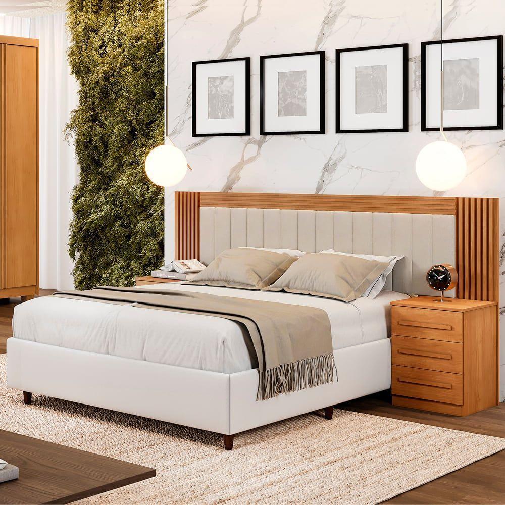 Cabeceira Valência Estofada Ripada E 2 Mesas De Cabeceiras Benetil Cinamomo - 3