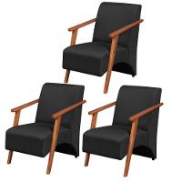 Kit 3 Poltronas Venus 1 Lugar Braço Madeira Maciça Tecido Suede Unidecor Preto - 1