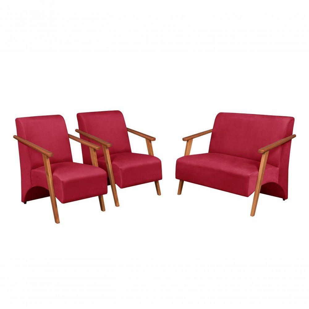 Conjunto Venus Braços Em Madeira Maciça 1 Namoradeira 2 Poltronas Suede Unidecor Vermelho - 1