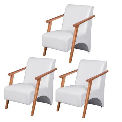 Kit 3 Poltronas Venus 1 Lugar Braço Madeira Maciça Courino Unidecor Branco