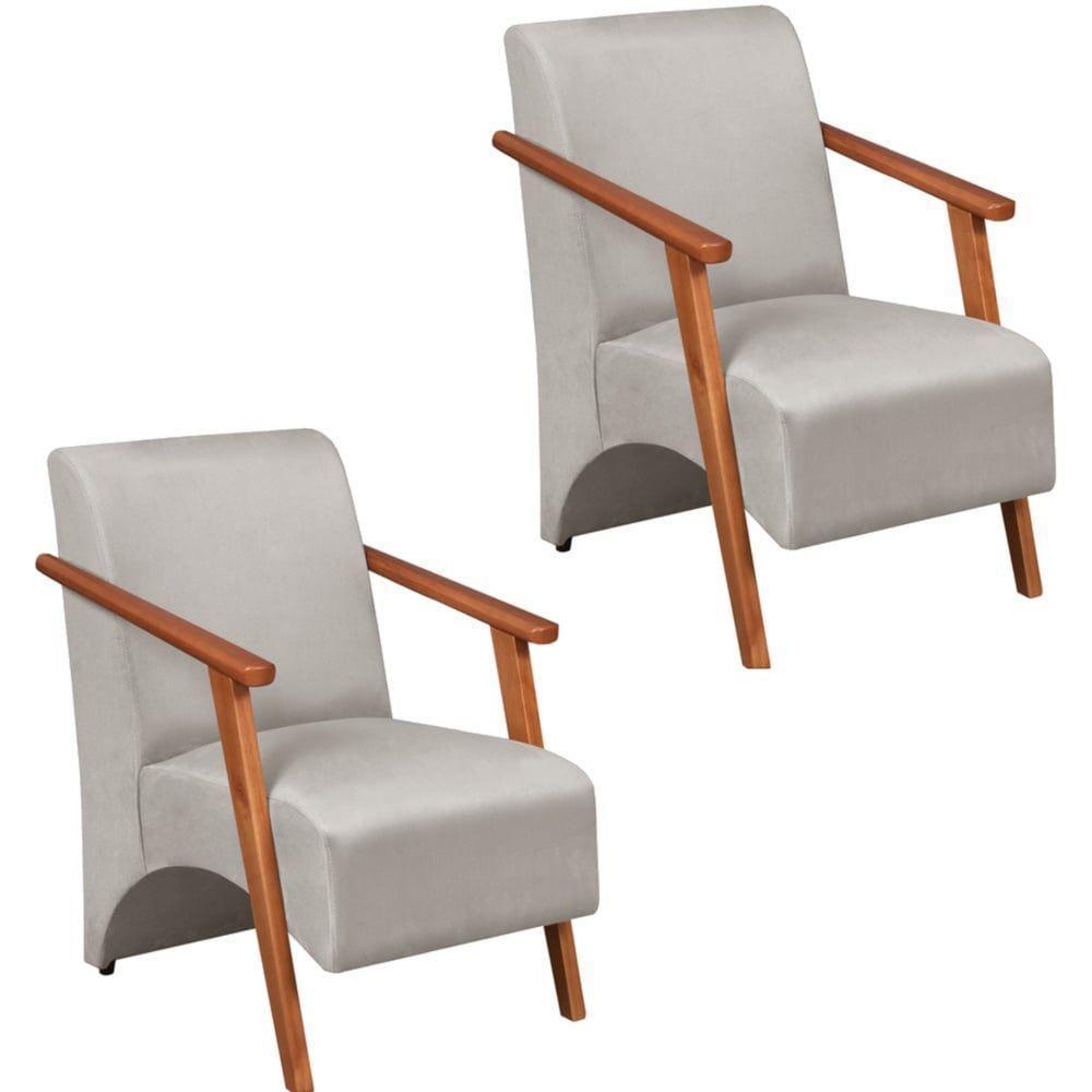 Kit 2 Poltrona Venus 1 Lugar Braço Madeira Maciça Tecido Suede Unidecor Bege - 1