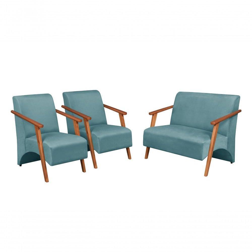 Conjunto Venus Braços Em Madeira Maciça 1 Namoradeira 2 Poltronas Suede Unidecor Acqua - 1
