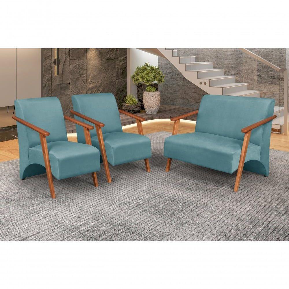 Conjunto Venus Braços Em Madeira Maciça 1 Namoradeira 2 Poltronas Suede Unidecor Acqua - 4