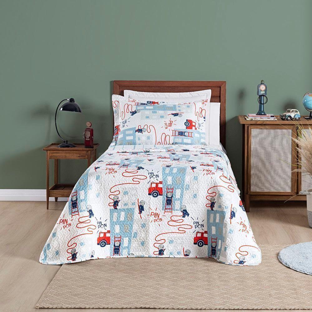 Kit Colcha + Jogo De Cama Bouti Kids Solteiro Infantil 5 Peças 100% Poliéster - Bombeiro - 5