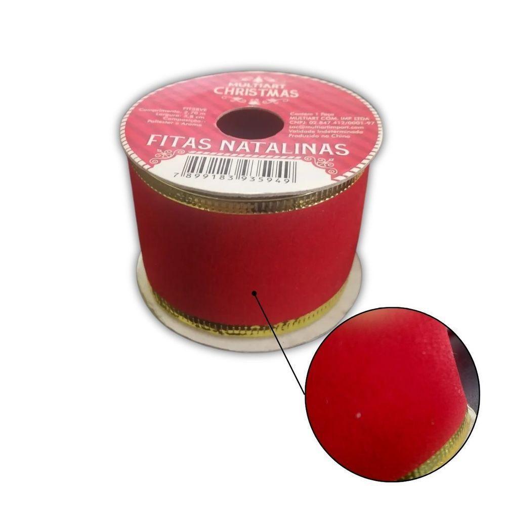 Fita Aramada De Natal Vermelha Veludo - 3,8cm X 2,7m - 2