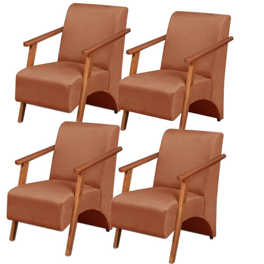 Kit 4 Poltronas Venus 1 Lugar Braço Madeira Maciça Tecido Suede Unidecor Terracota - 1